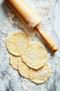 A top-down view of dough on a floured marble countertop being divided into equal portions and rolled out into flatbreads using a rolling pin. The rolled-out flatbreads are even and smooth, ready for baking, with soft natural light emphasizing their texture.