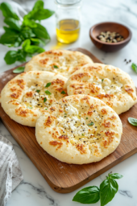 A top-down view of freshly baked cottage cheese flatbreads on a wooden board or platter on a marble countertop. The flatbreads are golden brown with a light, crispy texture, drizzled with olive oil or sprinkled with fresh herbs, and the scene is clean and inviting.