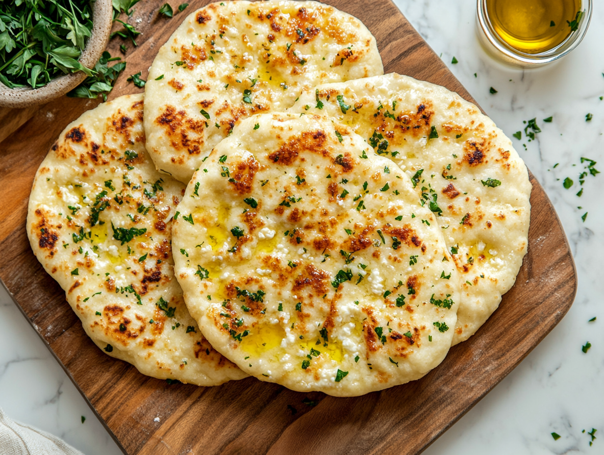 A top-down view of freshly baked cottage cheese flatbreads on a wooden board or platter on a marble countertop. The flatbreads are golden brown with a light, crispy texture, drizzled with olive oil or sprinkled with fresh herbs, and the scene is clean and inviting.