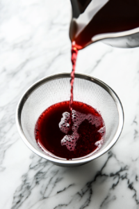 Aged cherry mixture being poured through a fine mesh strainer into a large bowl on a marble countertop, separating the liquid from the solids.