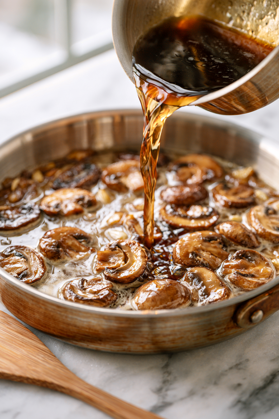 Add chicken or vegetable broth and soy sauce. Bring to a gentle simmer not a boil. This keeps the flavors mellow and balanced.
