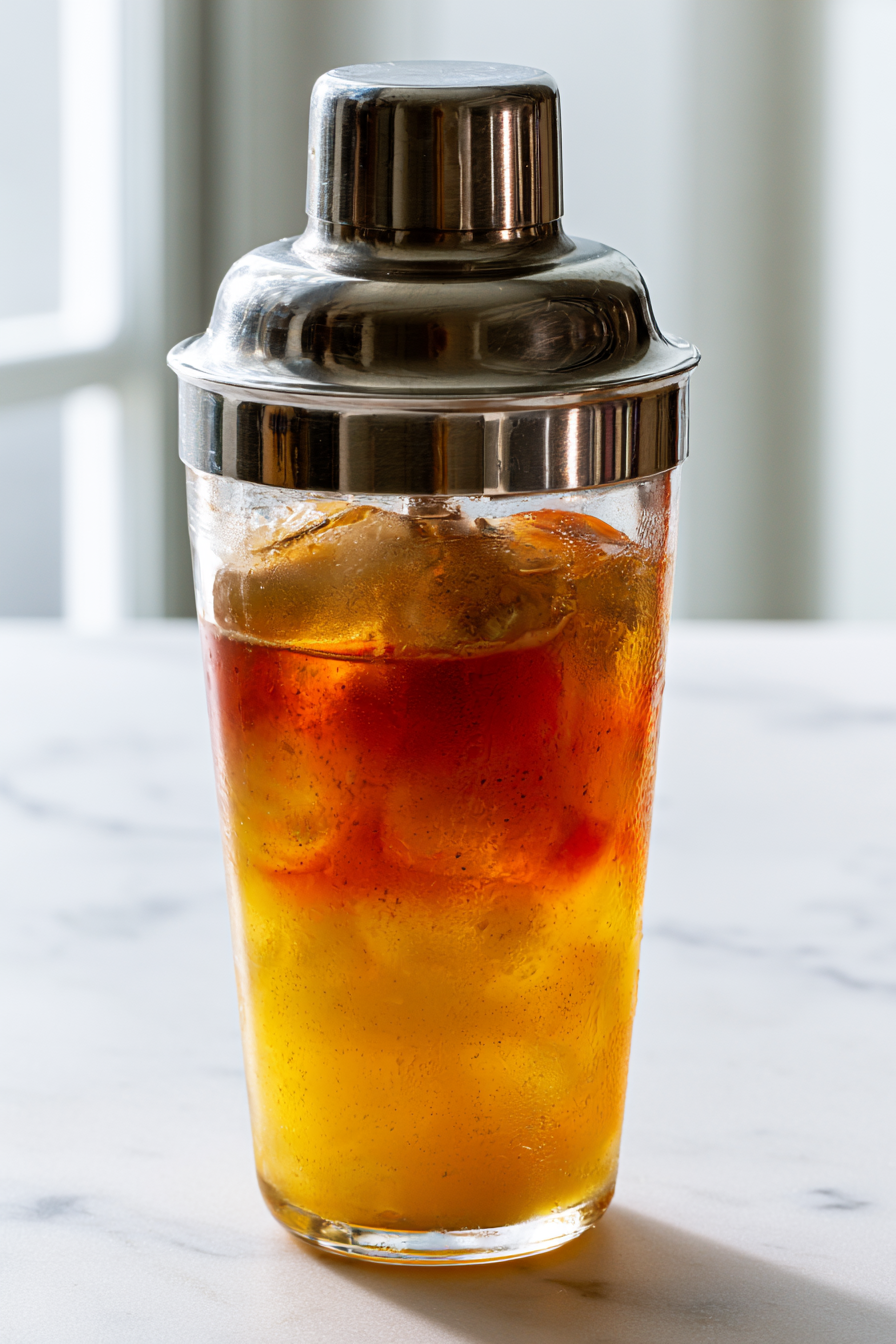 Combine white rum, golden rum, pineapple juice, lime juice, passion fruit syrup, grenadine, and bitters in a cocktail shaker