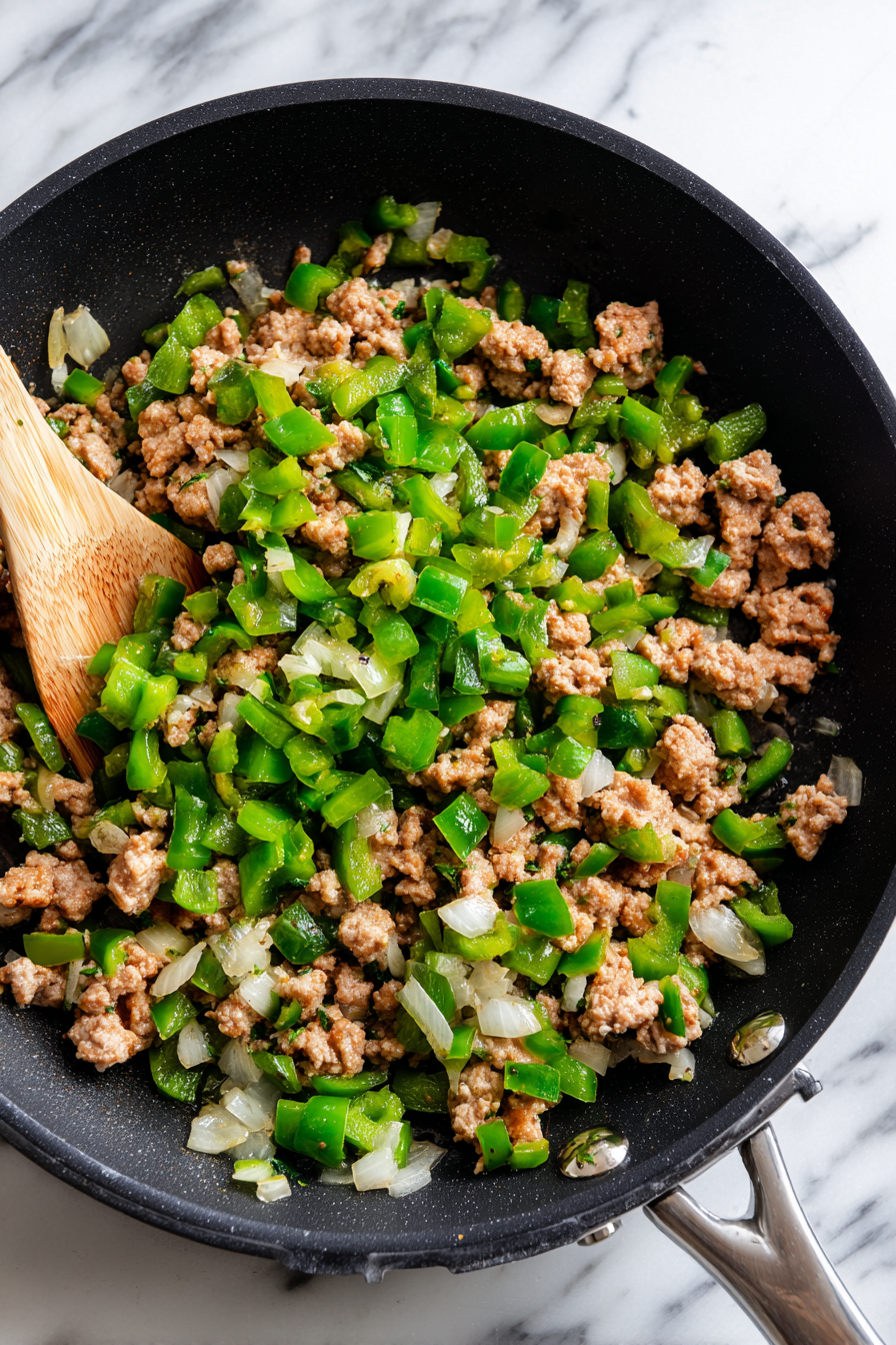 Cook turkey sausage, onion, and bell pepper in skillet until sausage is cooked and veggies are soft.