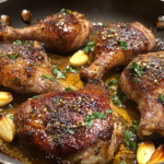 Perfectly cooked duck legs are cooling in the roasting pan, with their golden, crisp skin glistening in the fat. A serving dish is nearby, ready for plating the duck legs alongside roasted garlic and fresh herbs.