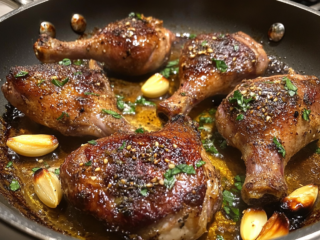 Perfectly cooked duck legs are cooling in the roasting pan, with their golden, crisp skin glistening in the fat. A serving dish is nearby, ready for plating the duck legs alongside roasted garlic and fresh herbs.