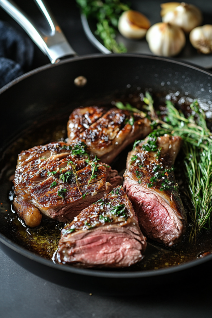 Perfectly cooked duck legs are cooling in the roasting pan, with their golden, crisp skin glistening in the fat. A serving dish is nearby, ready for plating the duck legs alongside roasted garlic and fresh herbs.