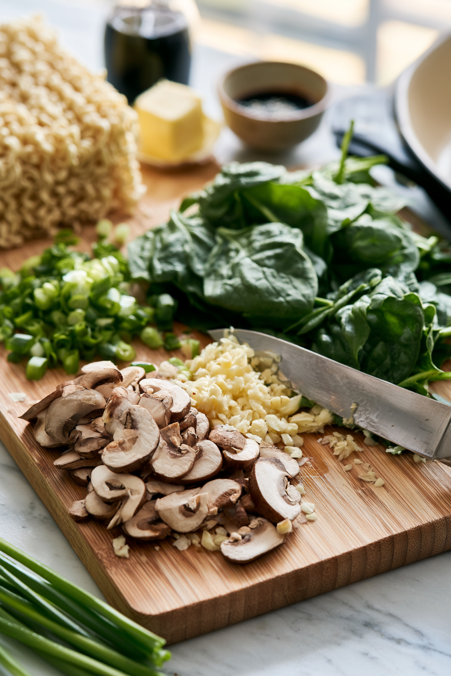 Finely mince the garlic, slice the mushrooms, and chop your green onions. Keep everything ready ramen moves fast once the pot gets hot.