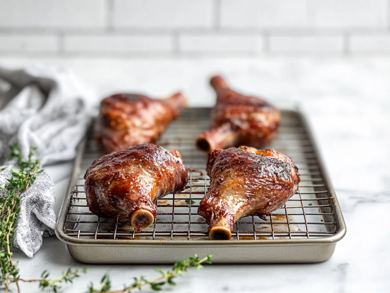 This image shows crispy, golden brown duck legs that have been slow-cooked in duck fat, perfectly tender and ready to serve, showcasing the rich and savory nature of this classic French duck confit dish.