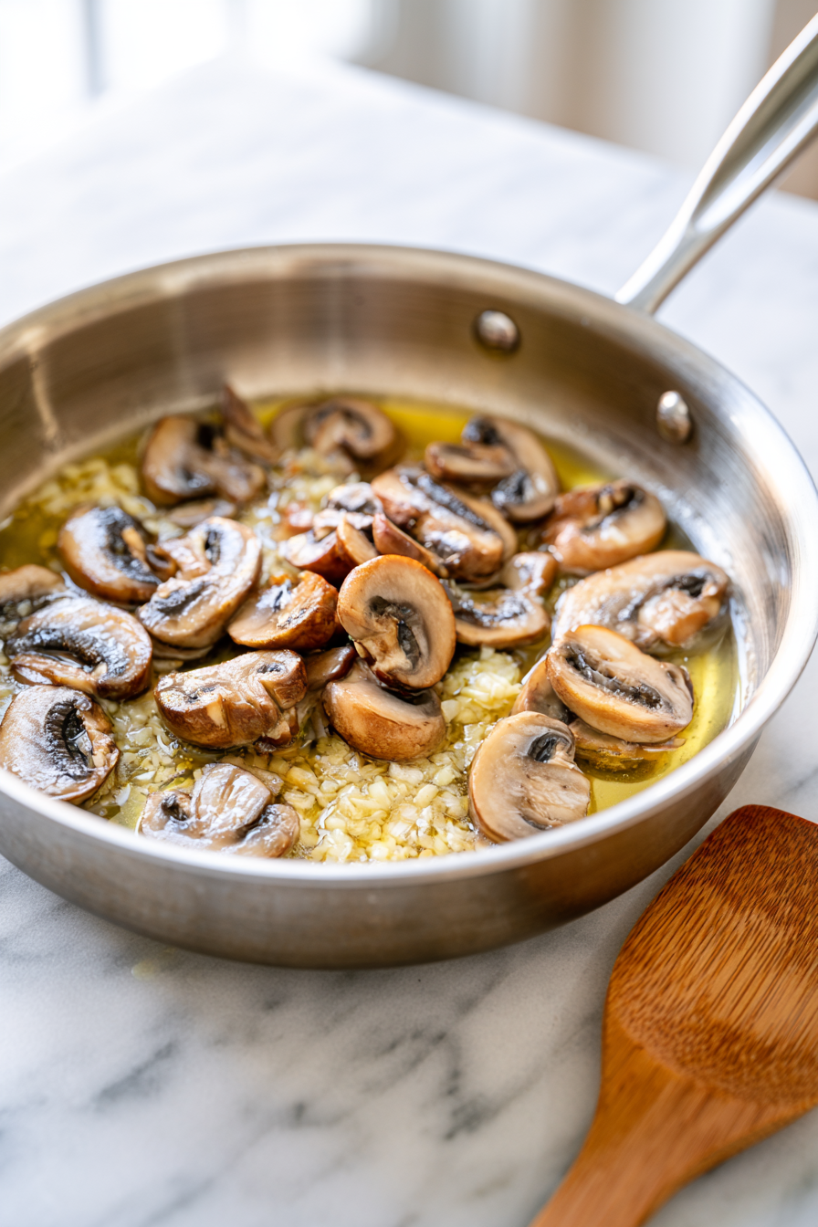 In a medium saucepan over medium heat, melt butter and sesame oil. Add garlic and mushrooms, sautéing until fragrant about 1 minute. The kitchen should already smell inviting.