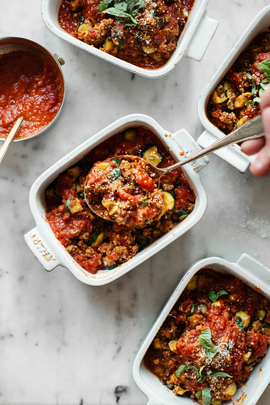 Divide half of marinara sauce among baking dishes. Top with sausage mixture.