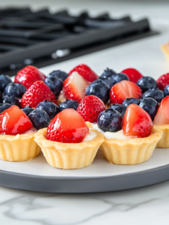 This image shows the completed mini fruit tarts with golden brown tart shells filled with smooth pastry cream and garnished with fresh strawberries and blueberries, making for a visually appealing and delicious dessert.