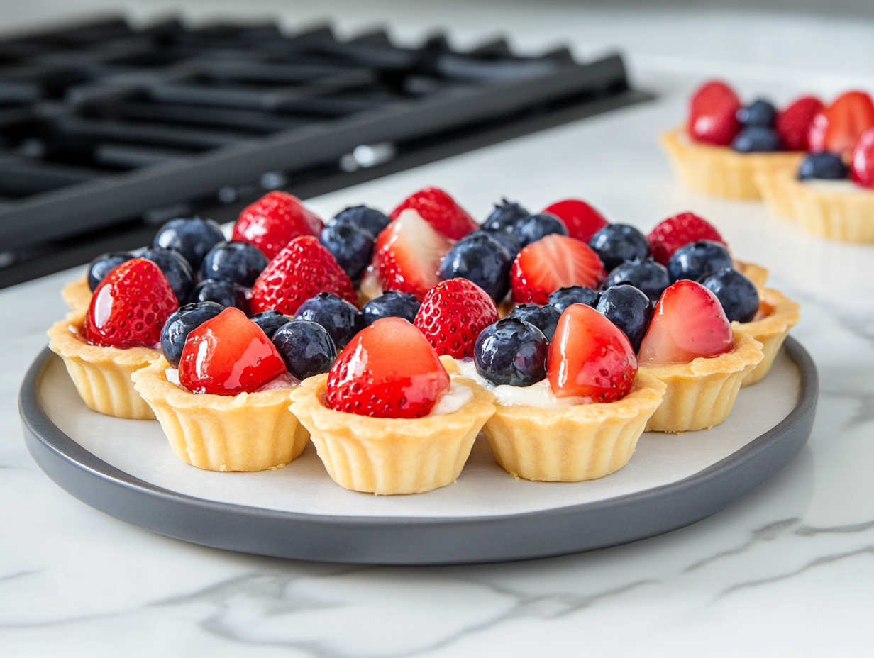 This image shows the completed mini fruit tarts with golden brown tart shells filled with smooth pastry cream and garnished with fresh strawberries and blueberries, making for a visually appealing and delicious dessert.