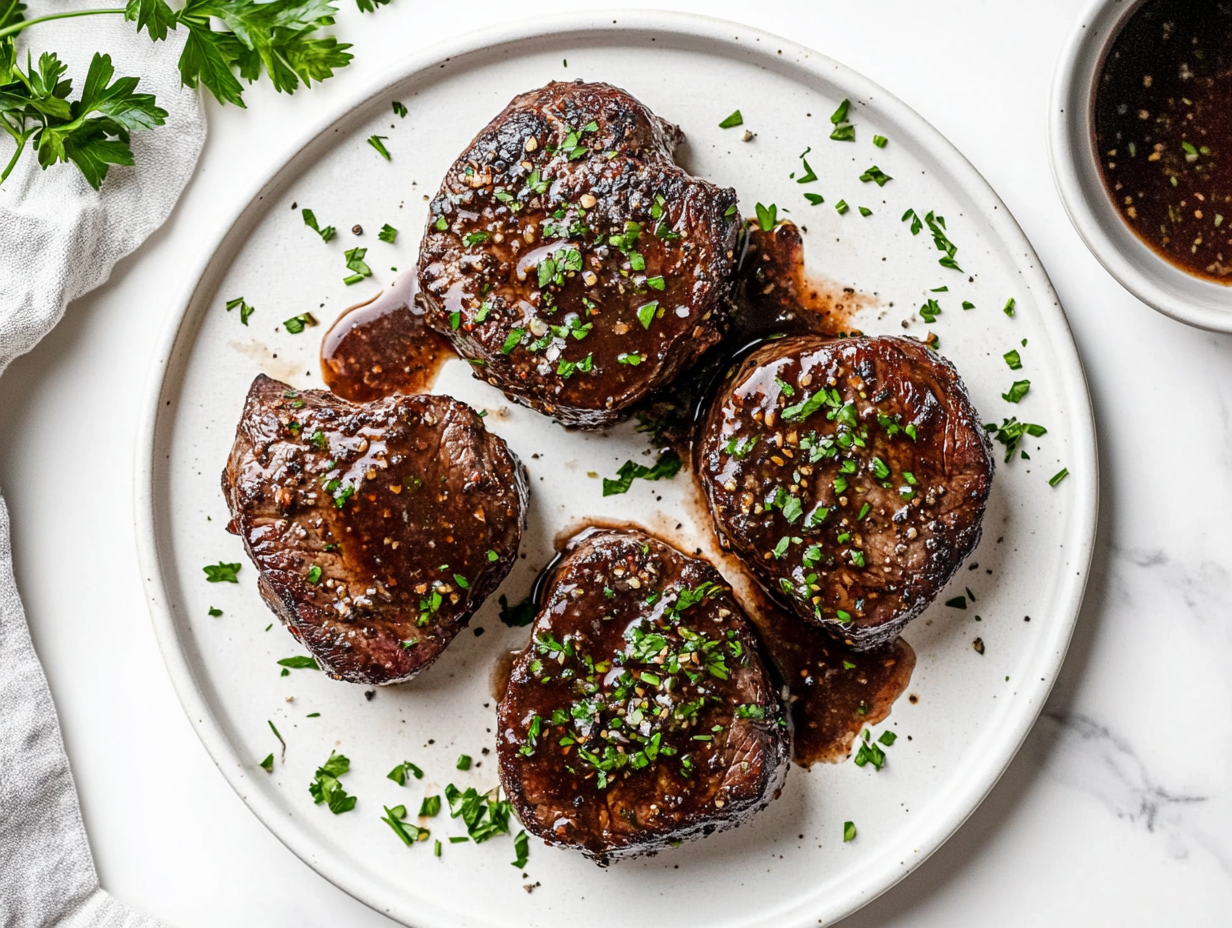 This image shows a perfectly cooked filet mignon steak covered in a rich marsala wine sauce and surrounded by sautéed mushrooms, creating a stunning presentation for the steak marsala recipe.