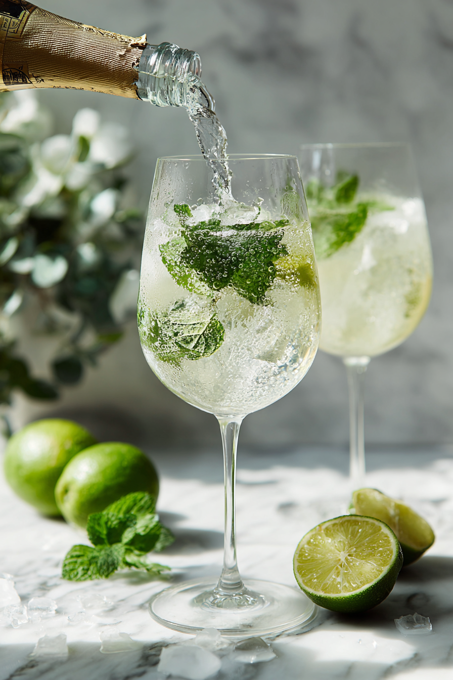 Pour in 1 ounce of elderflower liqueur and 2 ounces of sparkling water