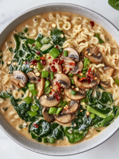 This image shows a delicious bowl of vegan creamy mushroom ramen, filled with sautéed mushrooms, tender noodles, fresh spinach, and a coconut milk broth, topped with green onions and chili garlic sauce for added flavor.