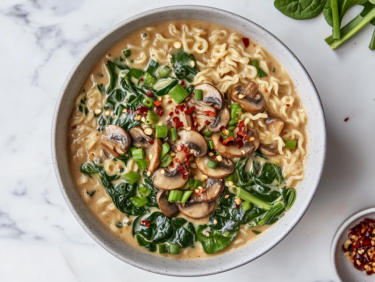 This image shows a delicious bowl of vegan creamy mushroom ramen, filled with sautéed mushrooms, tender noodles, fresh spinach, and a coconut milk broth, topped with green onions and chili garlic sauce for added flavor.