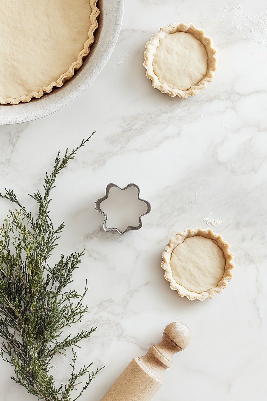 This image shows the chilled tart dough being rolled out on a floured surface, and round shapes are being cut out, slightly larger than the tart pans, in preparation for making the mini tarts.