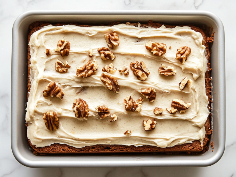 A perfectly sliced piece of banana cake with creamy frosting and chopped walnuts on top, showcasing the moist texture and delicious layers of the homemade dessert.