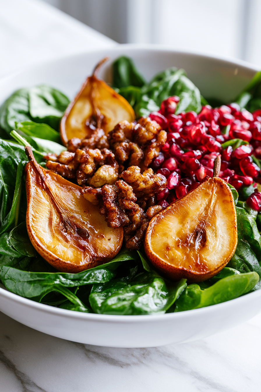 Add roasted pears, candied walnuts, and pomegranate seeds to the salad.
