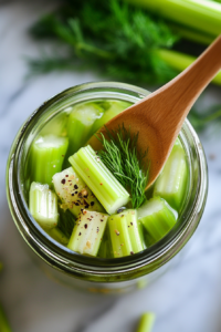 The image shows a top-down view of the jar filled with celery on the countertop, with hot brine being poured over the celery. Fresh chopped dill is added, and a wooden spoon gently stirs the mixture, ensuring even distribution of dill and brine. The vibrant colors of the celery and dill stand out.