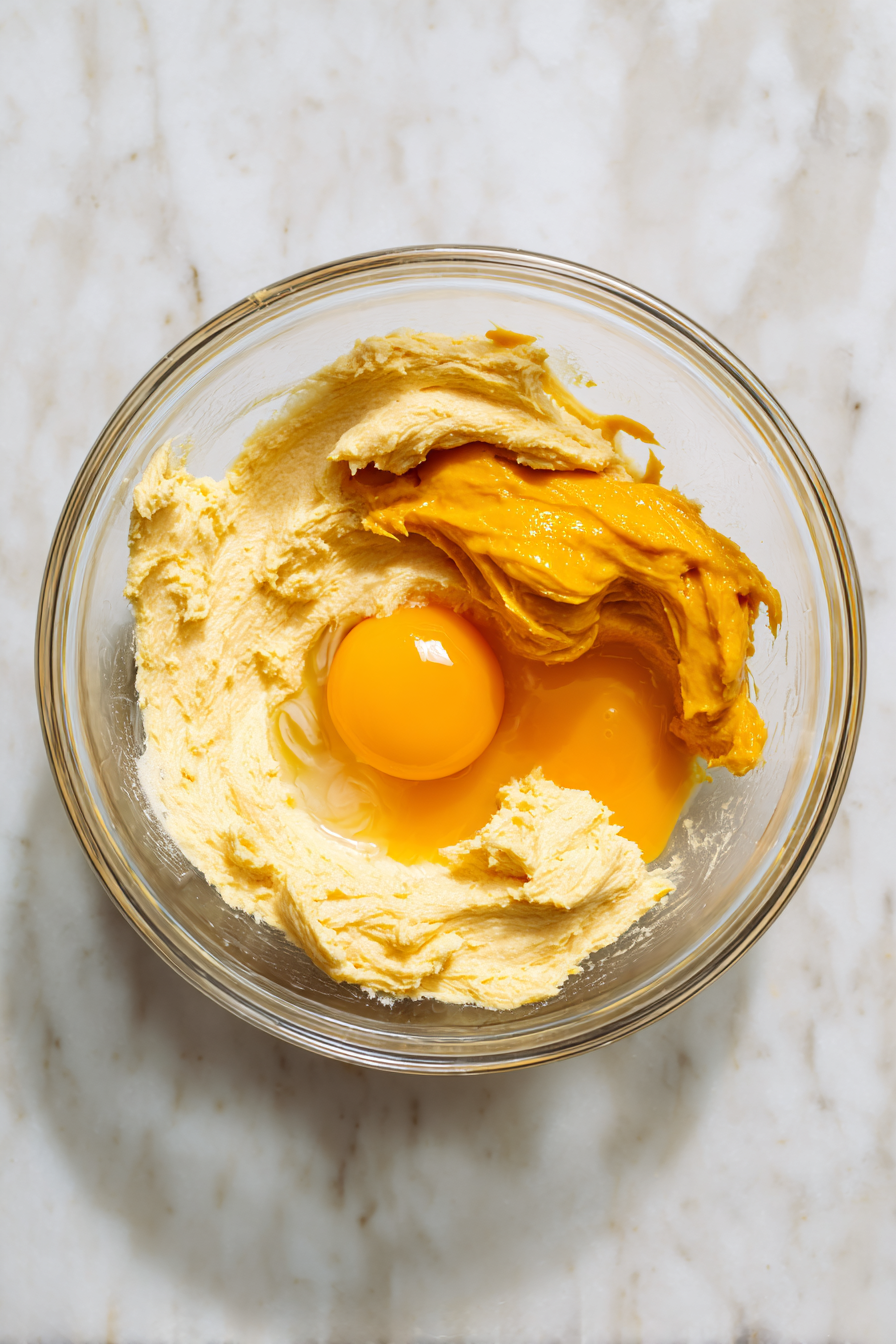 Mix softened butter and sugar in a bowl with paddle attachment. Add eggs and pumpkin; mix until combined.