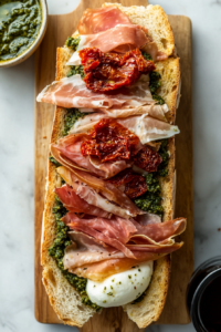 The image shows the ciabatta sandwich on a countertop, with shredded iceberg lettuce and finely sliced Guindilla chilies being added on top of the melted mozzarella. The fresh ingredients add vibrant color and texture to the sandwich.