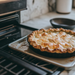 Baking homemade apple pie in the oven until golden