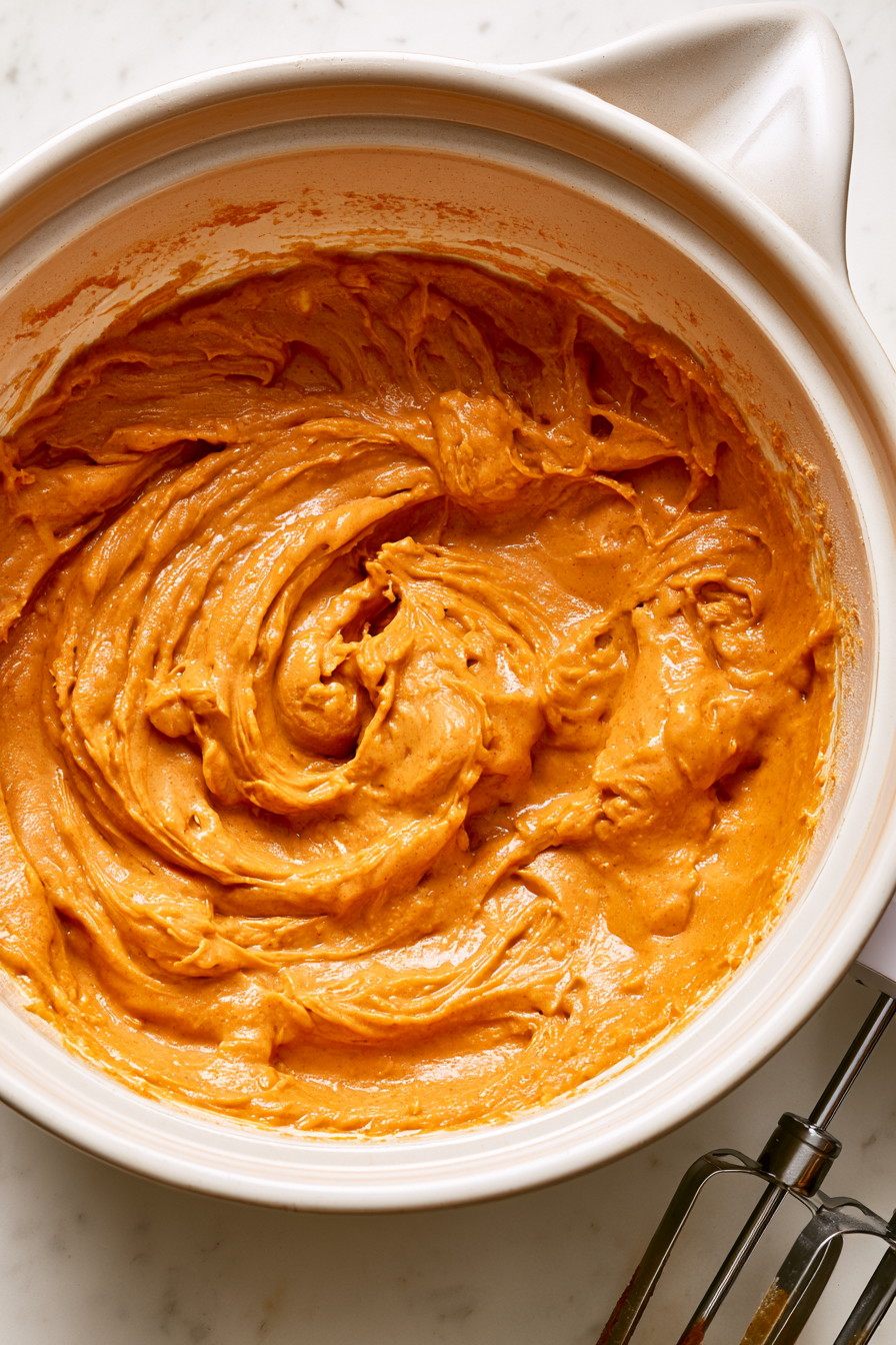 Beat butter, granulated sugar, and brown sugar until creamy. Add eggs one at a time, then mix in pumpkin and vanilla