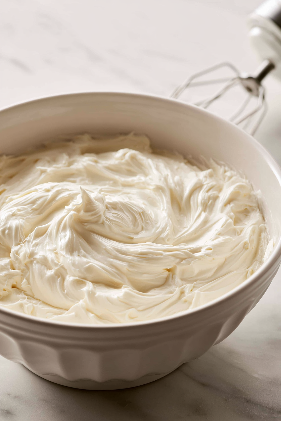 Beat cream cheese and butter until smooth. Add powdered sugar, vanilla, cream, and salt, then beat until creamy