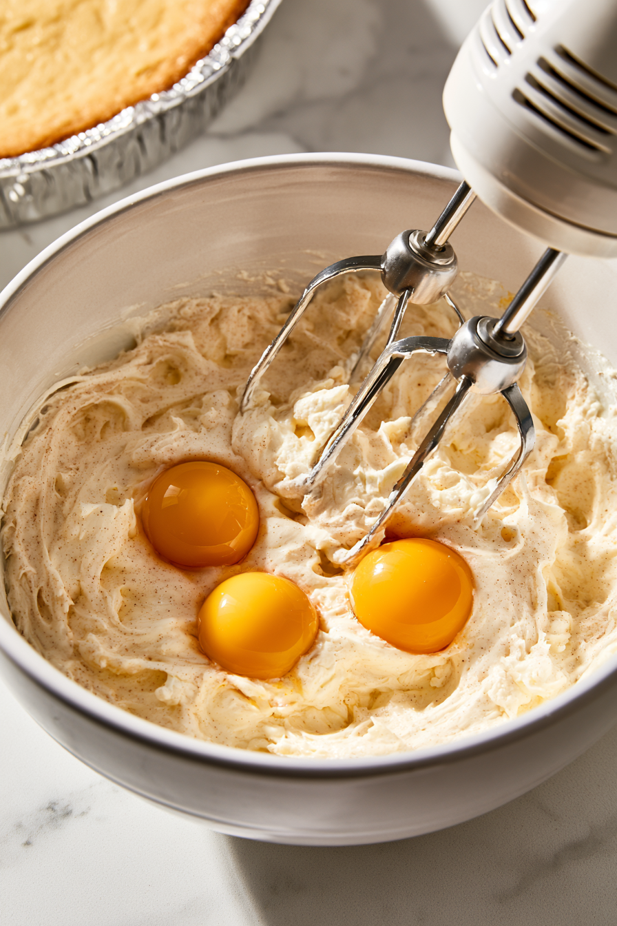 Beat the cream cheese, sugar, and flour until smooth. Mix in the sour cream, vanilla, and cinnamon. Add the eggs one at a time, mixing just until combined