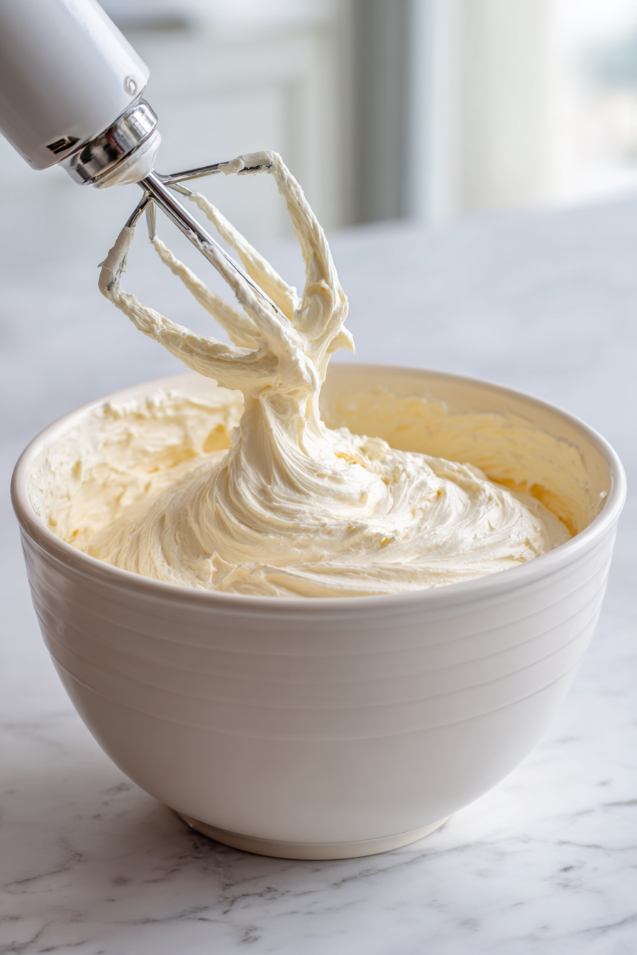 Blend smooth cream cheese in a mixing bowl with an electric mixer