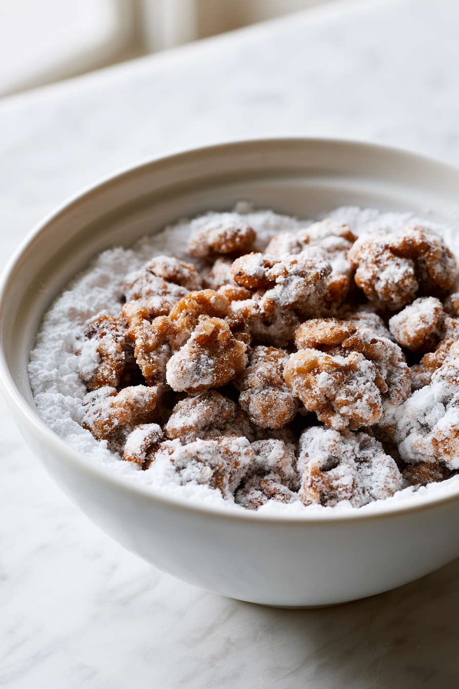 Boil walnuts in water for 5-6 minutes, drain, and toss with powdered sugar while hot.