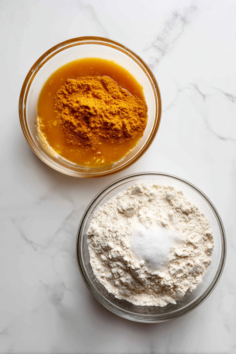 Combine wet and dry ingredients, then pour batter into prepared loaf pan.