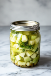 The image shows a top-down view of the jar of pickled celery on the countertop, cooling to room temperature. The jar is sealed with a lid and is ready to be stored in the refrigerator. The light captures the crisp texture of the celery and the aromatic brine as they meld together.