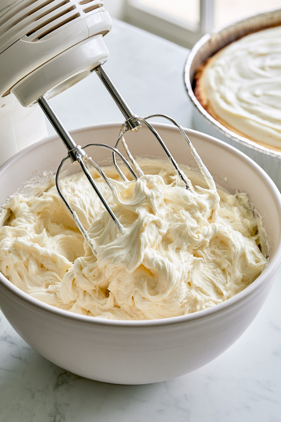 For the frosting, beat the cream cheese and butter until smooth. Add vanilla and powdered sugar, then gradually mix in the heavy cream until creamy