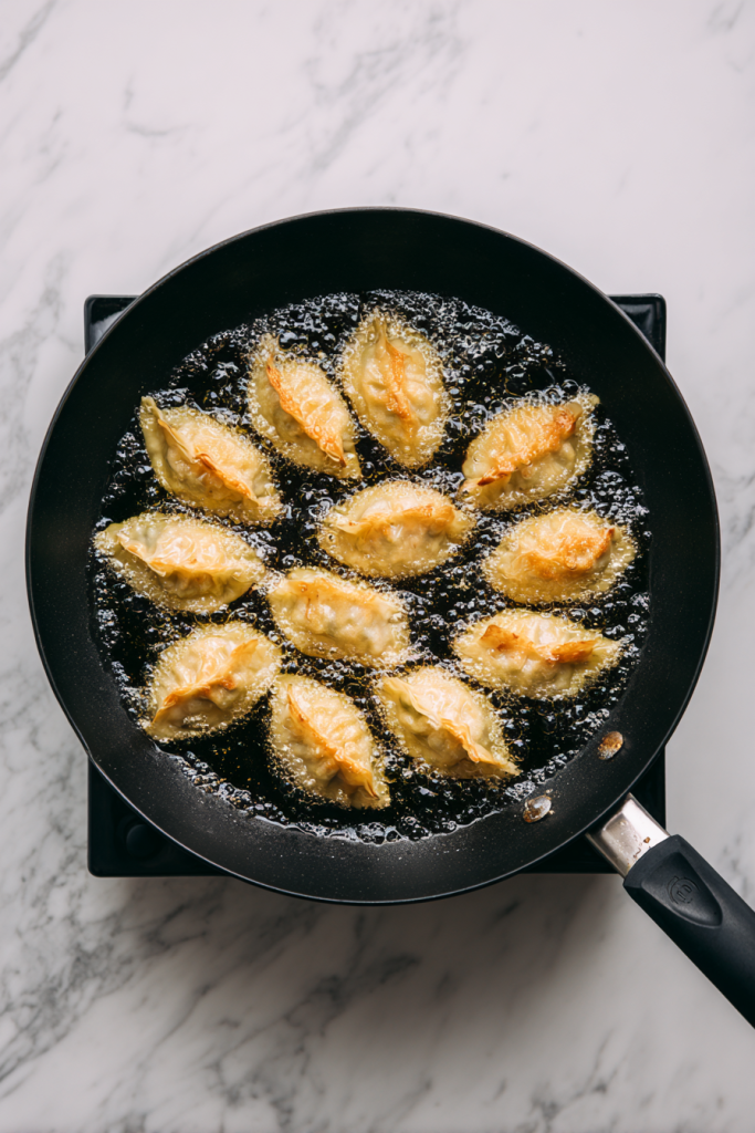 Fry dumplings for 1-2 minutes on each side until golden brown and crispy.