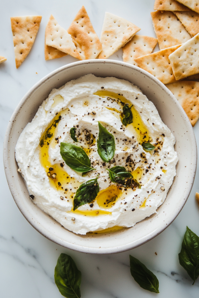 the imaage shows labneh dip is ready to serve.