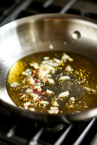 the image shows Heating Olive Oil with Garlic and Red Pepper Flakes for Marinara Sauce