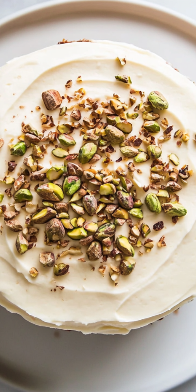 A beautifully baked homemade pistachio cake sits elegantly on a white ceramic plate, placed on a white marble countertop. The cake is generously frosted with a smooth and creamy mascarpone frosting, giving it a rich and velvety appearance. Chopped pistachios are delicately sprinkled on top, adding a vibrant green contrast to the soft white frosting. The cake has a perfectly even texture with a slight dome shape, showcasing a golden brown crust at the edges. The background is minimal and softly lit, enhancing the cake’s aesthetic appeal and making it the centerpiece of the image.