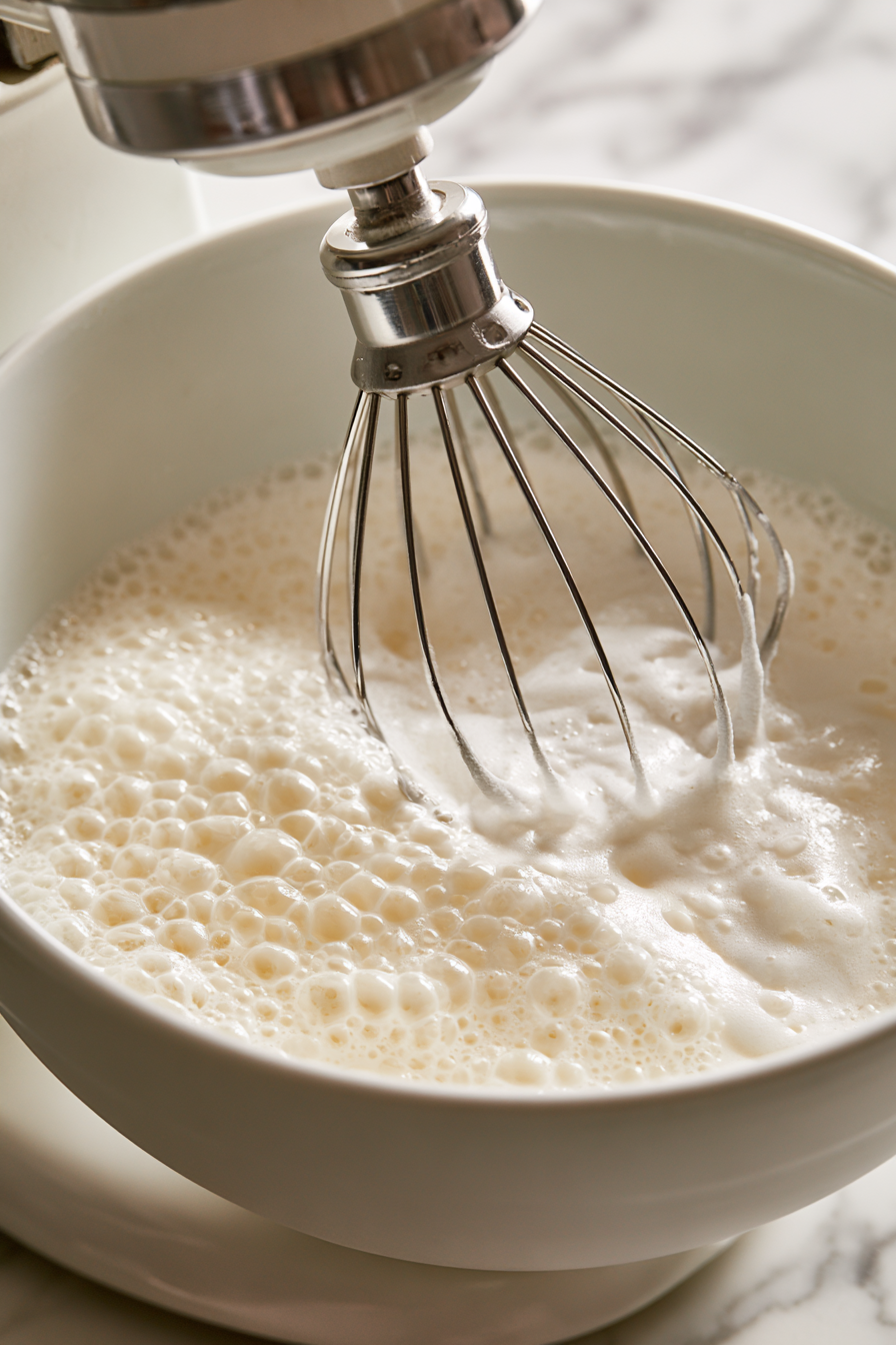 In a large mixing bowl with a whisk attachment, beat egg whites and cream of tartar until bubbly.