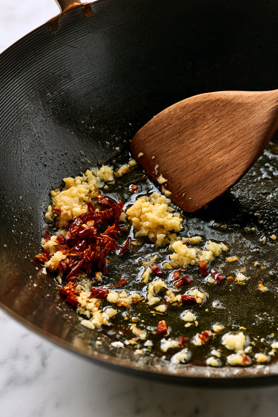 In the same pan, add the minced garlic, minced ginger, and dried red chilies
