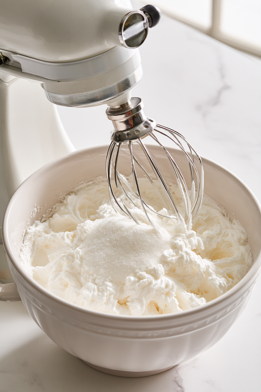 Increase mixer speed, add the reserved cup of sugar gradually, and beat until soft peaks form