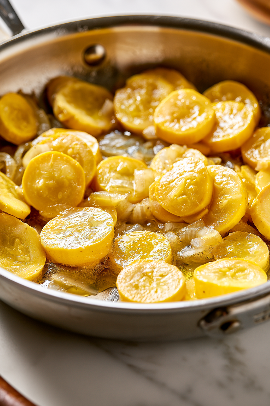 Melt 2 tablespoons of butter in a medium skillet over medium-low heat. Cook sliced squash and onions in the melted butter until they're tender