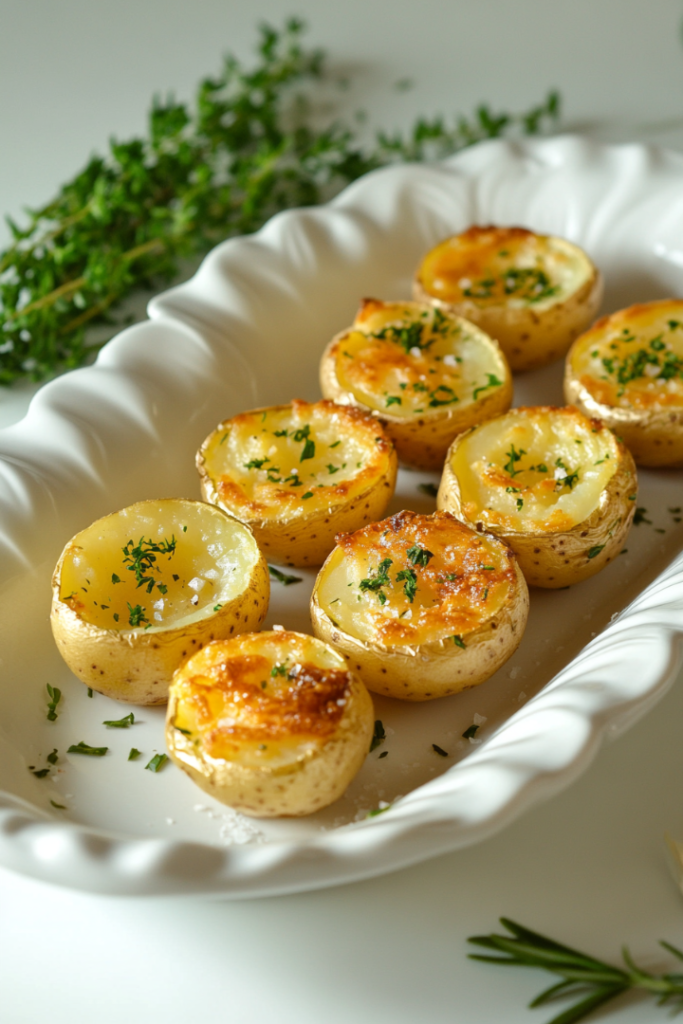 The freshly baked crispy, seasoned mini potatoes are arranged on a serving platter, garnished with fresh herbs or a sprinkle of salt. They are golden, crispy on the bottom, and tender.