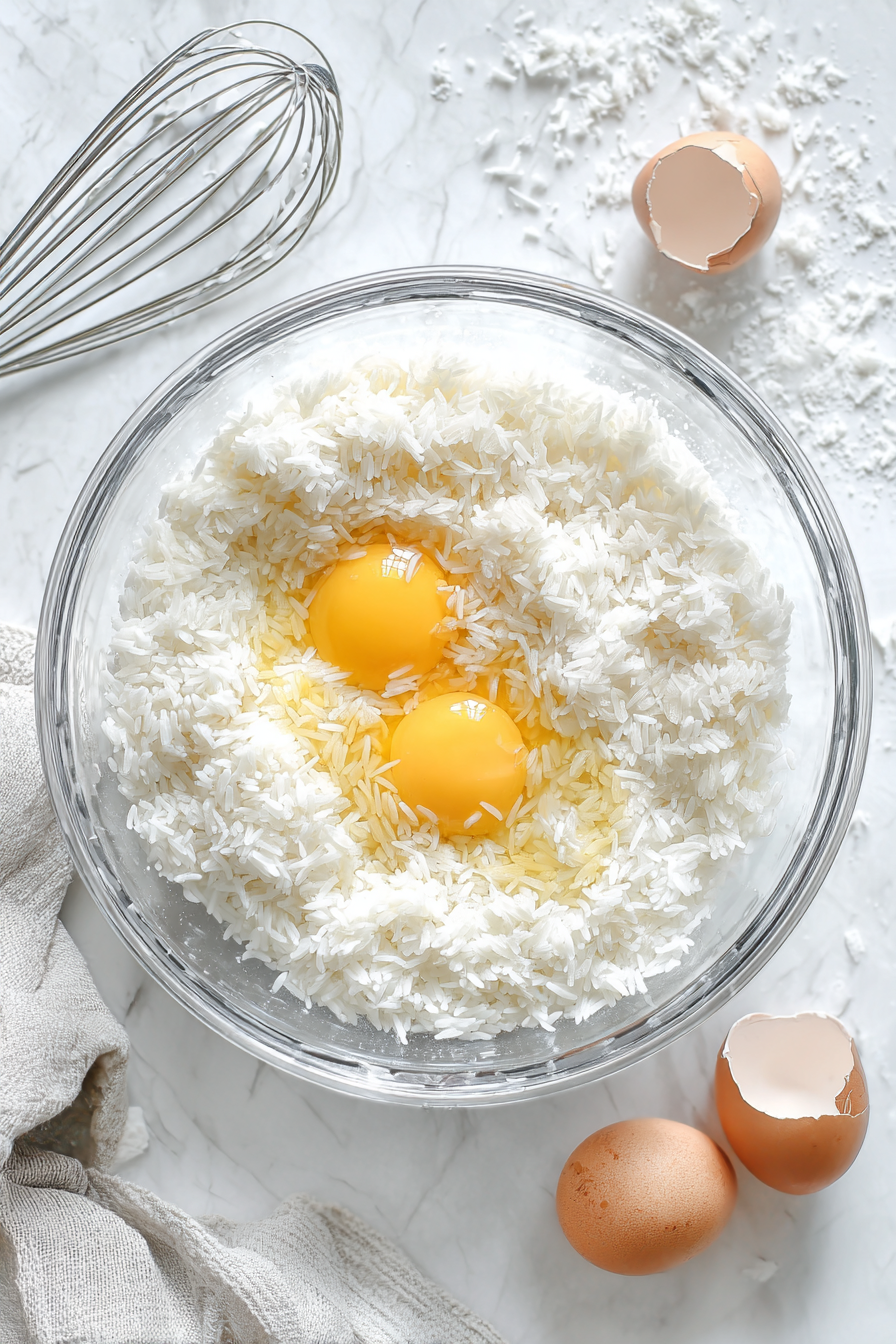 Mix cooked rice and cracked eggs in a bowl.