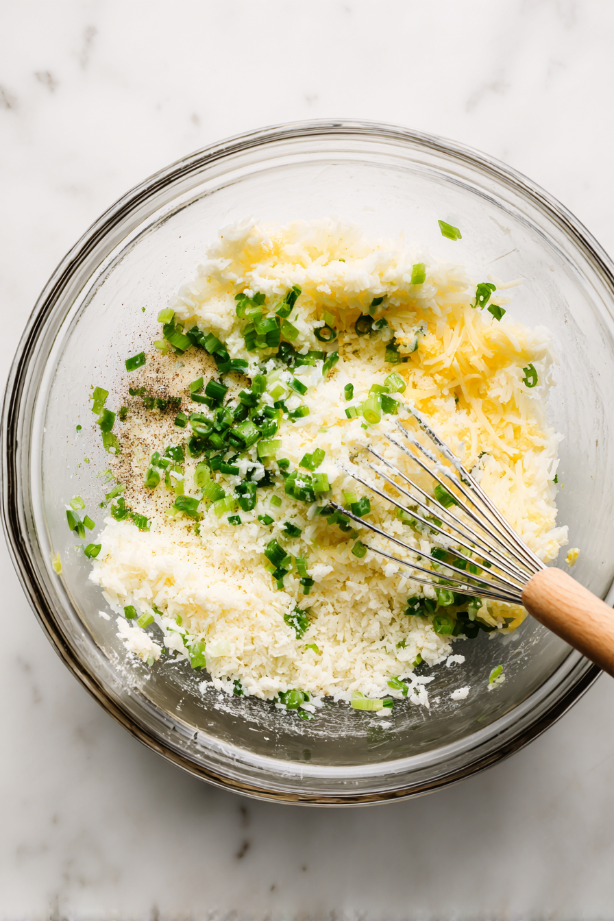 Mix in chopped green onions and grated cheese.