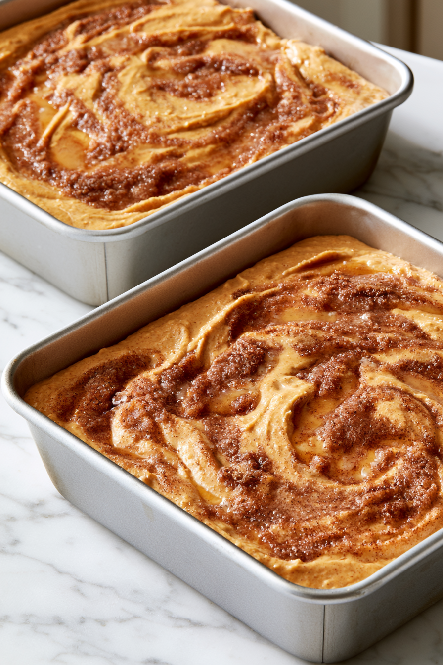 Mix the melted butter, brown sugar, flour, cinnamon, pumpkin pie spice, and salt for the cinnamon swirl. Spoon over the batter and gently swirl with a knife