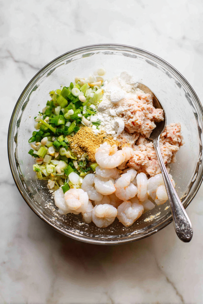Combine pork, shrimp, green onions, water chestnuts, cornstarch, mirin, shoyu, oyster sauce, garlic, sesame oil, sugar, salt, and pepper in a large bowl until well mixed.