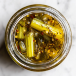 The image shows a top-down view of the jar of pickled celery on the countertop.