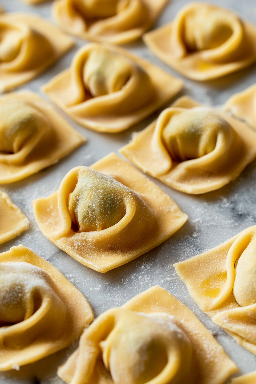 Pipe filling along each strip, fold dough over, and seal edges. Press down and seal around each filling to form individual tortelli.
